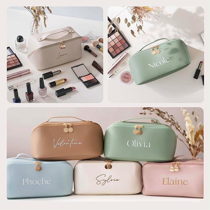 Personalized Travel Makeup Bag, Large Capacity Cosmetic Bags for Women, PU Leather Water-Resistant Portable Pouch Open Flat Toiletry Bag Make up Bag with Divider and Handle (Blue)
