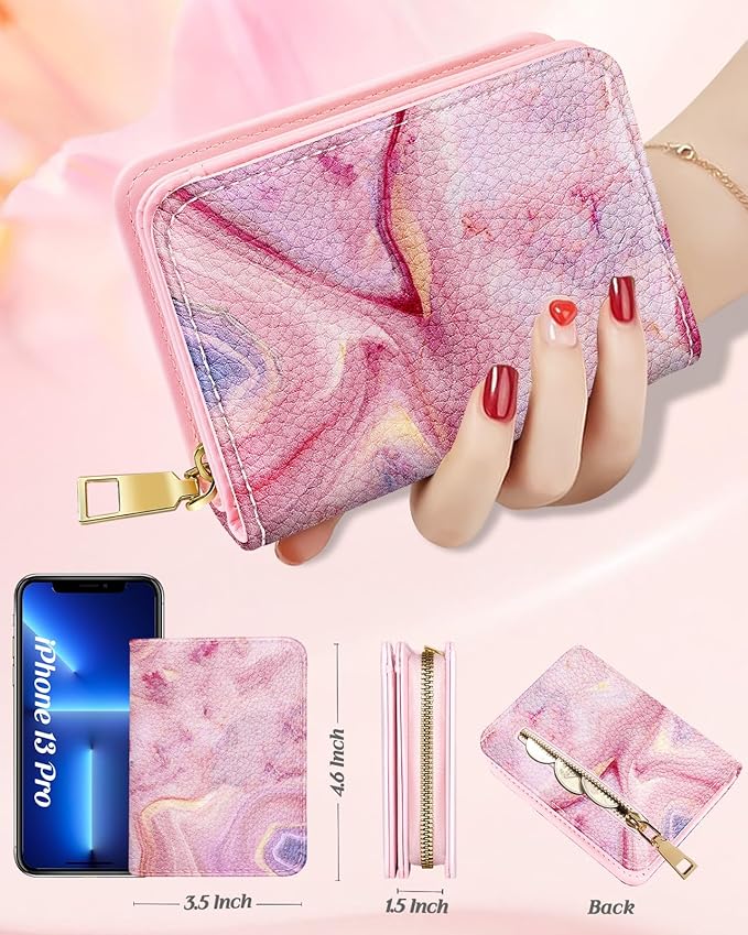 Bistup Credit Card Holder Wallet for Women Cute Leather Ladies Teen Girls Female Cardholder Wallets Accordion Purse Small Medium Aesthetic Print Marble Modern Design Rfid Zipper Around