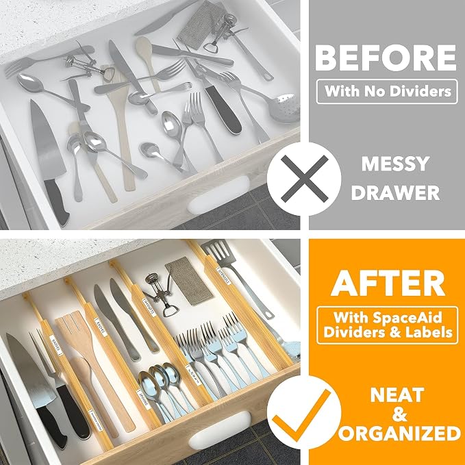 SpaceAid Bamboo Drawer Dividers (Need 2.35" Deep Drawer) Kitchen Adjustable Drawer Organizers, Expandable Organization for Home, Office, Dressers and Bathroom, 6 Dividers (13.25-17 in)
