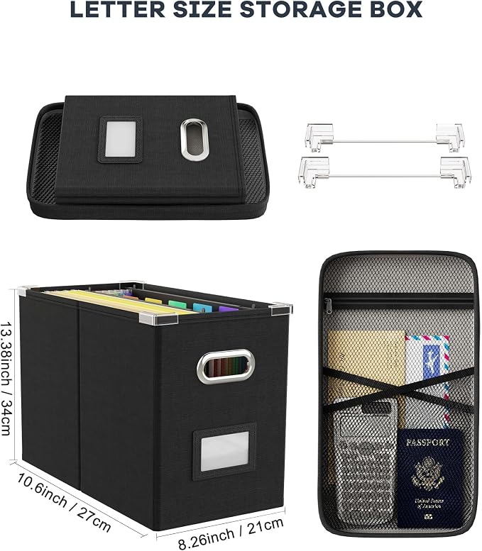 Oterri File Organizer Box with Lid, Hanging Filing File Box with Mesh Pocket, Document Organizer Box for Letter Files, Portable Storage Box with Smooth Sliding Rail for Office&Home (1 PCS, Black)