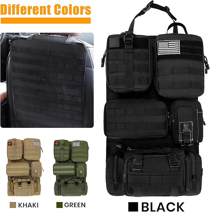 6 Pack Tactical MOLLE Car Seat Back Organizer - Universal Vehicle Storage Bag with 5 Detachable MOLLE Pouches, US Flag Patch & Keychain, Fits Jeep, Truck, SUV, Car (Black)
