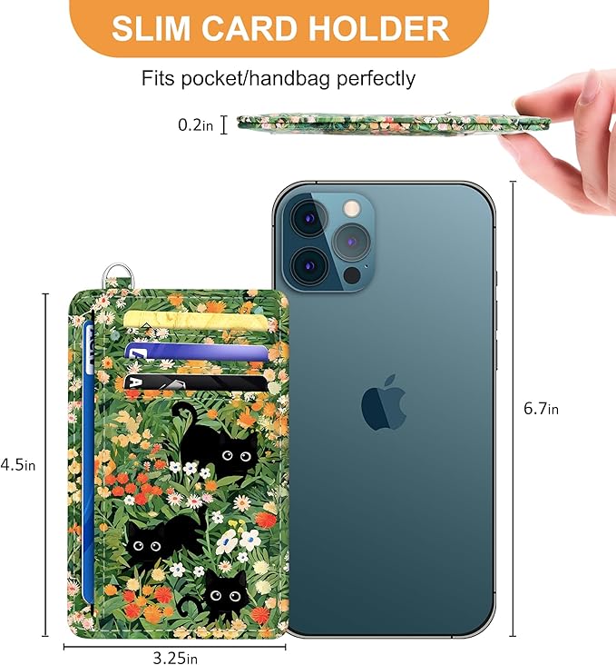 SEAVILIA Credit Card Holder for Women, Black Cat RFID Wallet Women, Slim Minimalist Front Pocket Card Holder, Cute Thin Travel RFID Blocking Card Case, Small Wallets Woman Gifts Girls