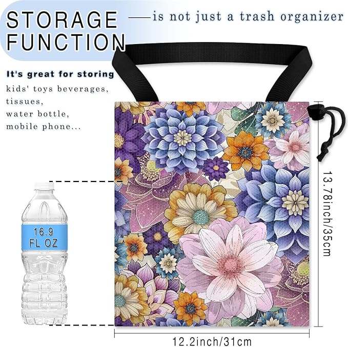 Car Trash Bag Hanging Back of Seat Waterproof Small Cute Printed One-Handed Strap Drawstring Garbage Bags for Car-Purple Boho Floral