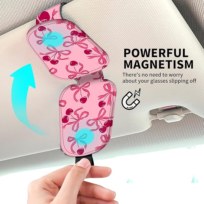 Leather Magnetic Sunglass Holder for Car Sun Visor, Cute Eyeglass Ticket Card Hanger Clip, Universal Auto Interior Accessories for SUV Pickup Truck Pink Bow