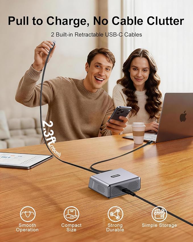 6-in-1 Retractable USB C Charger, 100W GaN Desktop Charging Station for Multiple Devices, Dual 2.3ft Built-in Retractable Cords, PD 65W Fast Charger for iPhone 17/16/15, Galaxy S26, Home Office