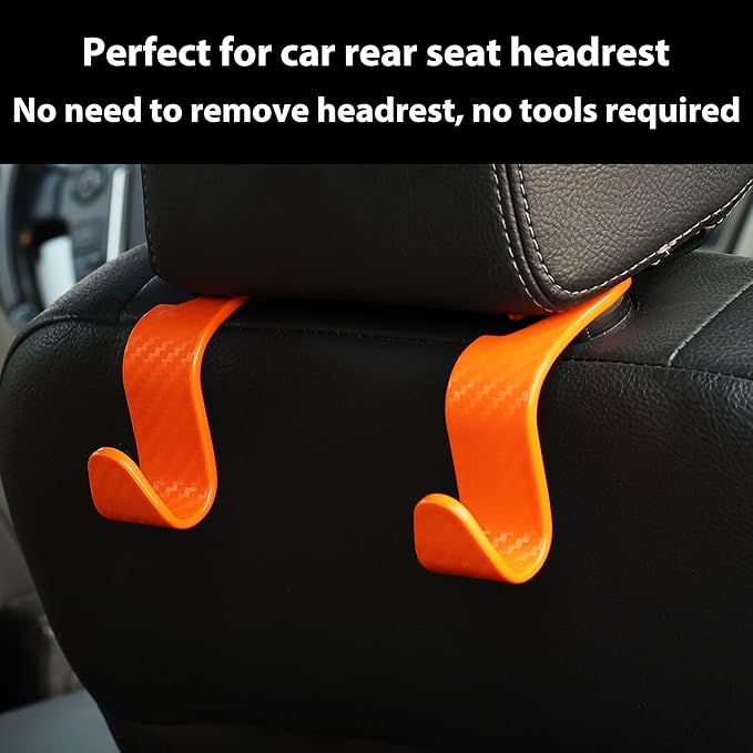 Car Seat Headrest Hook Universal Vehicle Seat Hook Hangers Interior Storage Organizer for Purse Handbag Coats Umbrellas Grocery Bags 4 Pack Orange
