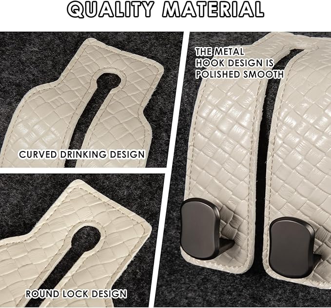 KINIVA Car Seat Headrest Storage Hooks, Set of 2, Suede PU Leather, Double Hooks (07-White)