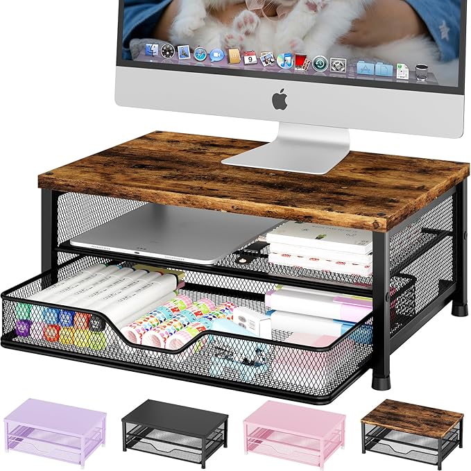 OPNICE Computer Monitor Stand Riser, Desk Organizer with Drawer, Printer & Laptop Stand, Office Desk Accessories & Workspace Desktop Organizers Storage for Office Supplies(Brown)