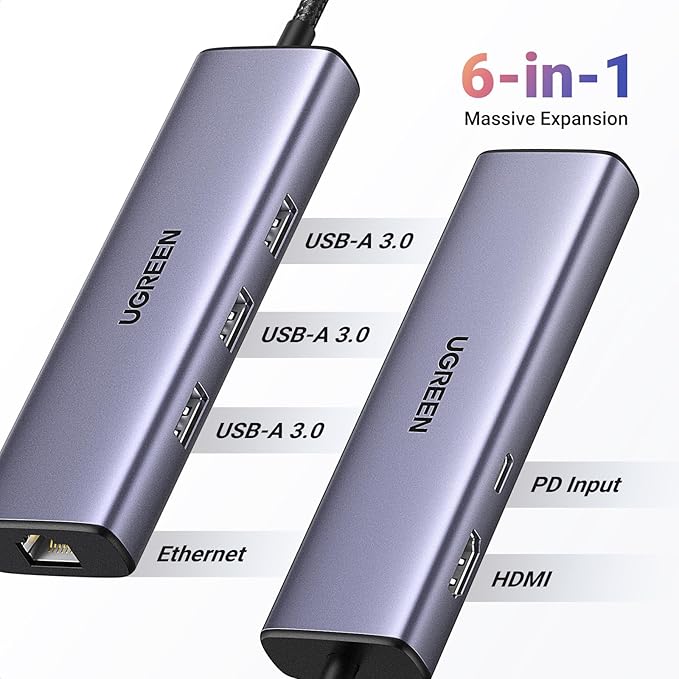 UGREEN Revodok 6 in 1 USB C Hub Gigabit Ethernet Adapter with 4K HDMI, 100W PD Charging, USB A Data Ports Compatible with Mac M1, M2, M3, M4,M5,iPad, iPhone 16 Pro/Pro Max, Steam Deck