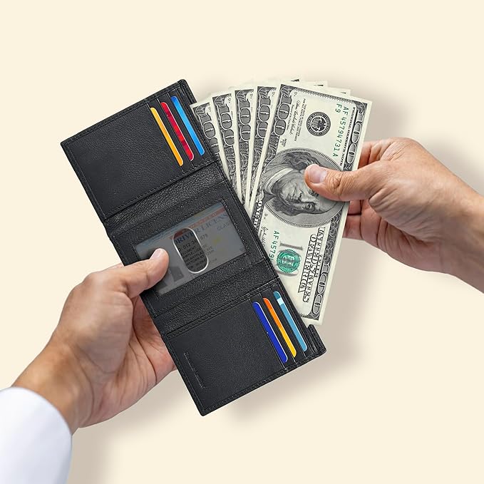 Real Leather Mens Trifold Wallet RFID Blocking Slim Minimalist Front Pocket - Thin & Stylish with ID Window in Gift Box