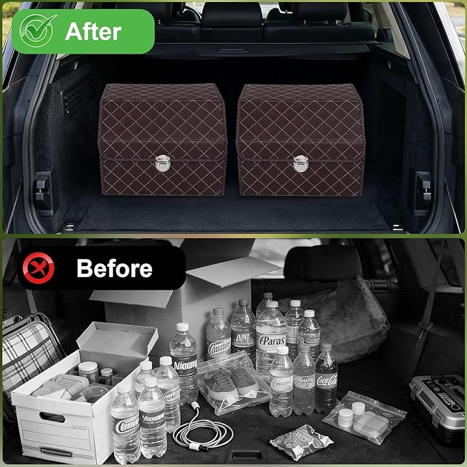 Trunk Organizer with Lid for Car Foldable Storage Box Heavy Duty PU Leather Cargo Organizer for SUV Sedan Waterproof (Brown, Small)