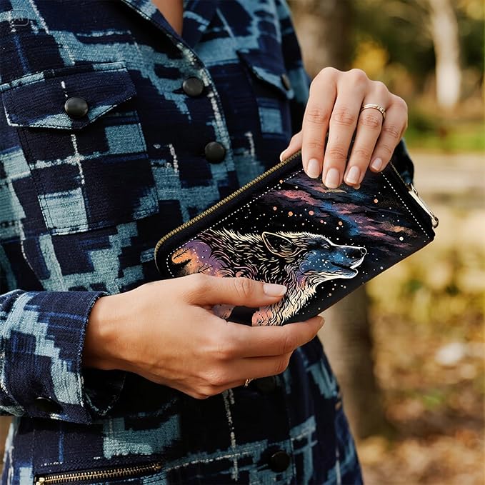 Women's RFID Blocking Zip Around Wallet with Detachable Wrist Strap, Large Capacity Credit Card Holder Organizer for Everyday Use,Galaxy Wolf