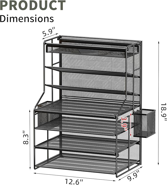 7 Tier Desk File Organizer, Black Metal Letter Tray Paper Organizer with Pull-Out Drawer, Removable Pen Holder & Hanging Basket, Vertical Desktop File Holder for Home Office, Classroom