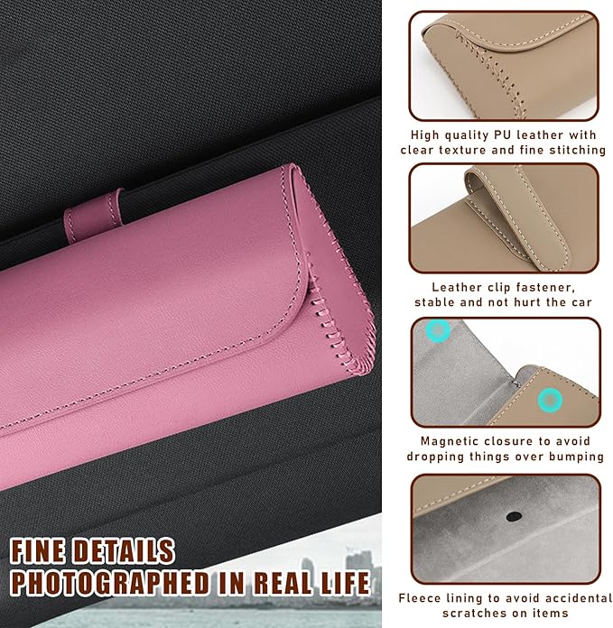 Augeny Sunglasses Holder for Car Sun Visor, Leather Auto Eyeglasses Storage Case with Hidden Magnetic Closure, Protective Glasses Organizer Box, Vehicle Visor Accessories for Woman Man (Pink)