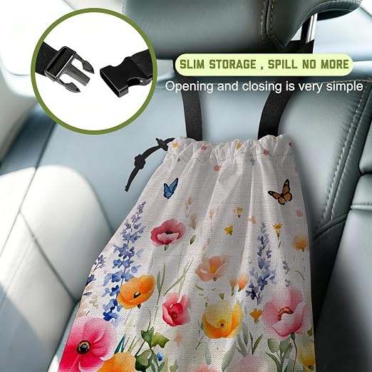 Car Trash Bag Watercolor Wildfloral Butterfly Hanging Drawstring Car Organizer and Storage Bag with Adjustable Buckle Canvas Garbage Bin for Back Seat or Hanging Headrest Road Trip Essentials