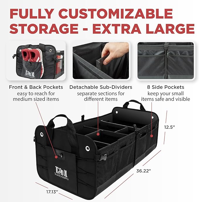 TRUNKCRATEPRO XL Heavy-Duty Trunk Organizer – Reinforced SUV & Truck Cargo Storage with 6 Adjustable Compartments, Non-Slip Base & Securing Straps (Foldable Design, Black)