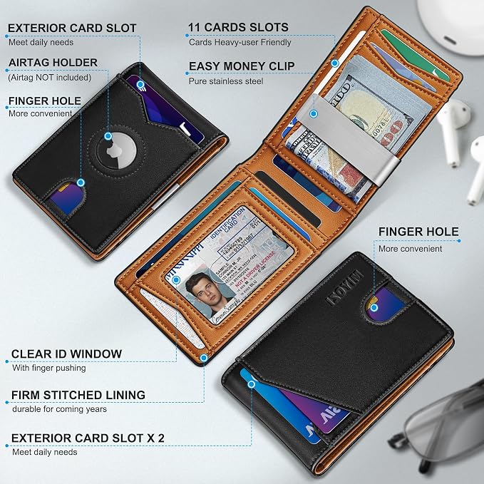 miyozi Airtag Wallet for Men,with Money Clip 11 Cards Slim Front Pocket Leather RFID Blocking Wallet with Gift Box