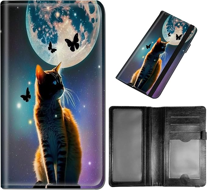 DEGDFSGR Checkbook Cover - Premium Leather Standard Duplicate Register Check Card Book Holder Wallet with RFID Blocking Function for Girl Men Women,Cat Look at Butterfly