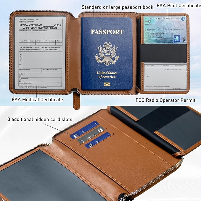 Pilot Wallet Passport Holder RFID Blocking Nappa Leather Travel Wallet, Stylish Travel Companion for Aviation Professionals (Brown Silver)