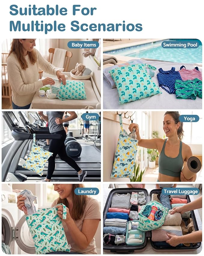 ALVA ALVABABY 3pcs Medium Cloth Diaper Wet Dry Bags Waterproof Reusable with Two Zippered Pockets Travel Beach Pool Daycare Soiled Baby Items Yoga Gym Bag for Swimsuits or Wet Clothes 3L-ZM38