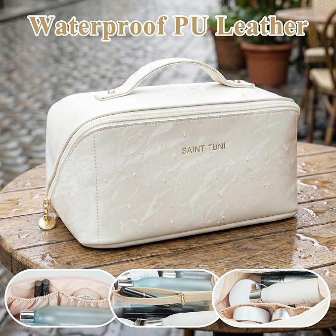 Cosmetic Bag,Travel Makeup Bag, Large Capacity Cosmetic Bags for Women, Waterproof Portable Open Flat Toiletry Bags,Makeup Organizer Bag with Divider and Handle, Cosmetic Pouch Gifts for Women (White)