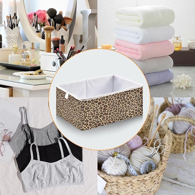 Brown Leopard Print Storage Baskets, 15.75x10.63x6.96 inch Foldable Decorative Fabric Storage Bins, Closet Organizer for Shelves, Clothes, Books & Bedroom Organization