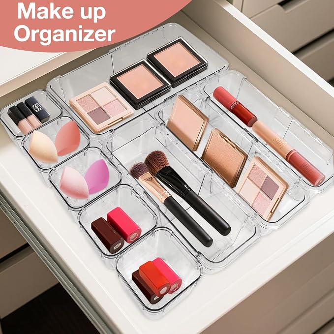 IAMGlobal 14PCS Expandable Drawer Organizer, Clear Drawer Organizers | Acrylic, Transparent, 3-Size, Adjustable, Expanding, for Makeup, Storage, Vanity, Bathroom, Bedroom, Kitchen, Office
