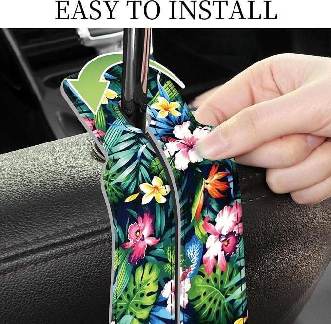 PU Leather Car Seat Hook, Storage Headrest Hanger, Cute Car Backseat Organizer, Car Hooks for Purses and Bags Tropical Hibiscus Leaves
