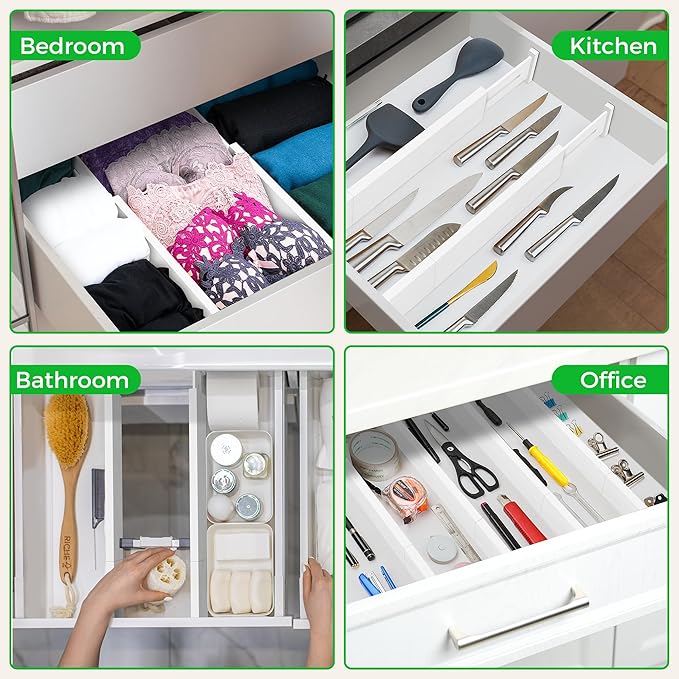 4 Pack Bamboo Drawer Dividers Organizer with Inserts 2.6'' High, Expandable from 12.5-21.7", Adjustable Drawer Organizer Separators for Utensils, Clothing, Office, Dresser, Bedroom, (White)