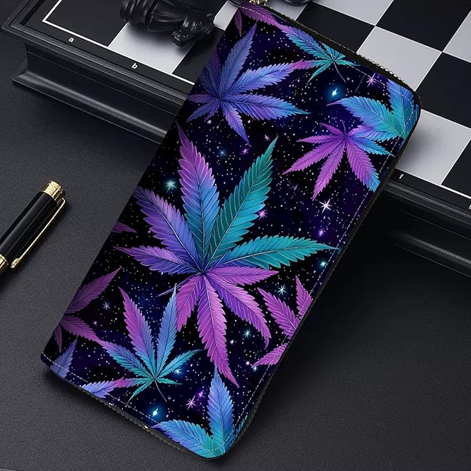 RFID Blocking Leather Wallet for Women – Large Capacity Zip Around Clutch with 8 Card Slots,30 Cash Pockets & Coin Zipper,Weed Leaf Pattern