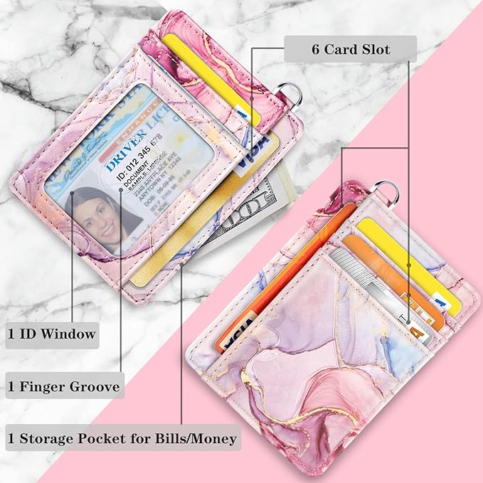 Coco Rossi Slim Front Pocket Wallet RFID ID Card Holder Cute Small Wallet with Wrist Lanyards Key Chain Holder for Women,Pink Marble