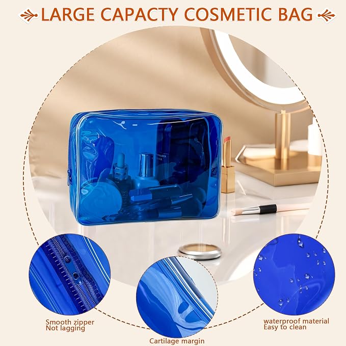 Waterproof PVC Makeup Bag - Leakproof Cosmetic Organizer for Travel Toiletry Storage 9.84×7.09×2.36 Inch for Women & Men (Blue)