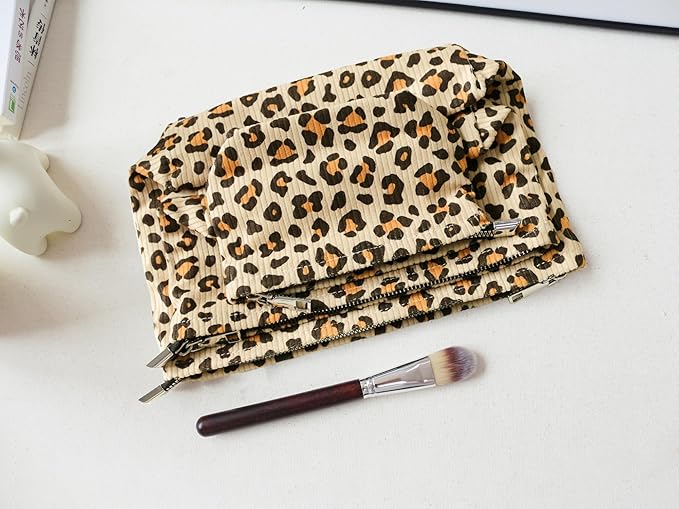 HAPPYHEIDI Cheetah Corduroy Makeup Bag Set 3 Cosmetic Toiletry Travel Pouch Purse Organizer, 3-Size, Vintage Brown Leopard