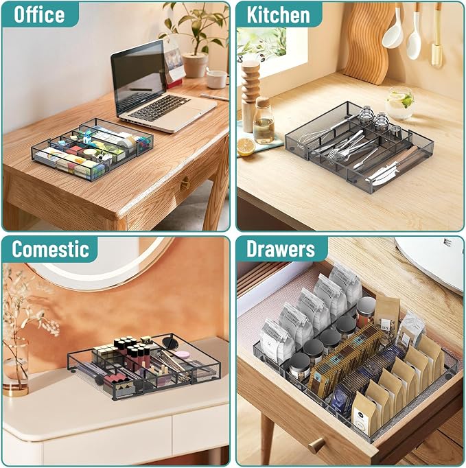 Expandable Desk Drawer Organizer Tray with 10 Adjustable Compartments, Metal Mesh Office Drawer Organizer, Versatile Desk Organizer for Home, School Supplies, Makeup Vanity & Jewelry (Black)