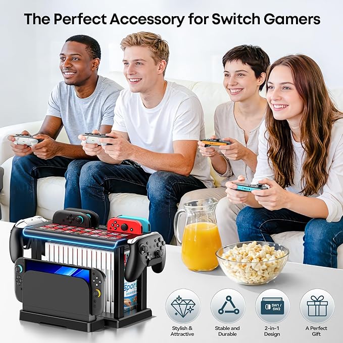 Switch 2/1/OLED RGB Organizer Station with Controller Charging Dock, Switch Storage Stand, Joycon 1/2 Charger, Gaming Accessories Holds TV Dock, 16 Game Cases, 18 Game Cards, and 2 Pro Controllers