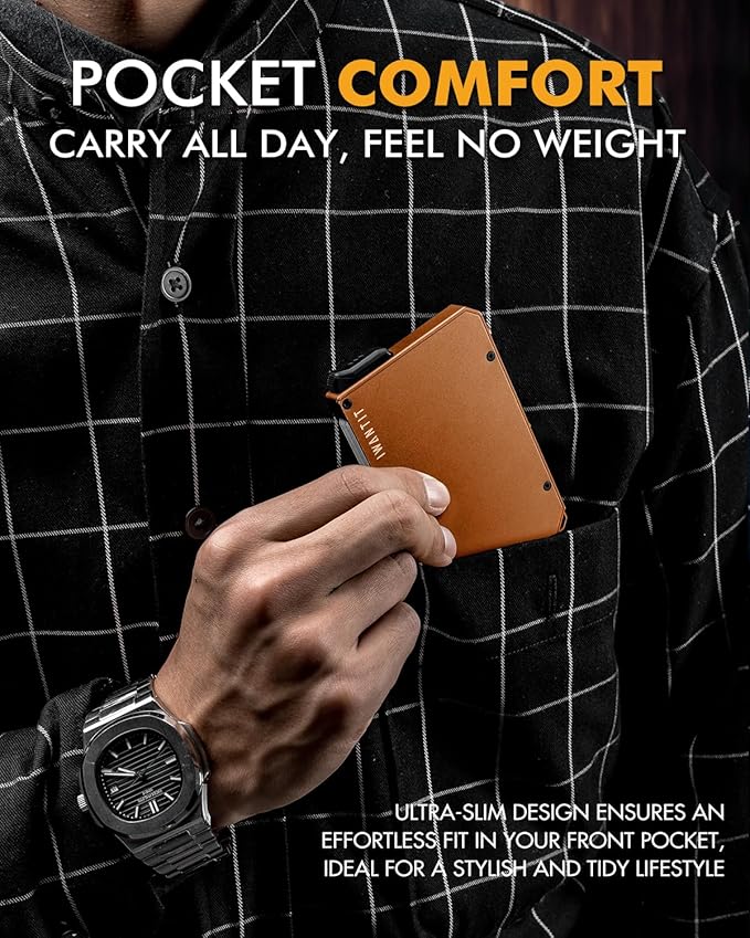 iwantit Pop Up Wallet for Men, Slim Minimalist Credit Card Holder with Money Clip - Man Metal Aluminum Wallet RFID Blocking, Smart Tactical Wallet for Men, Gift for Men (Orange)