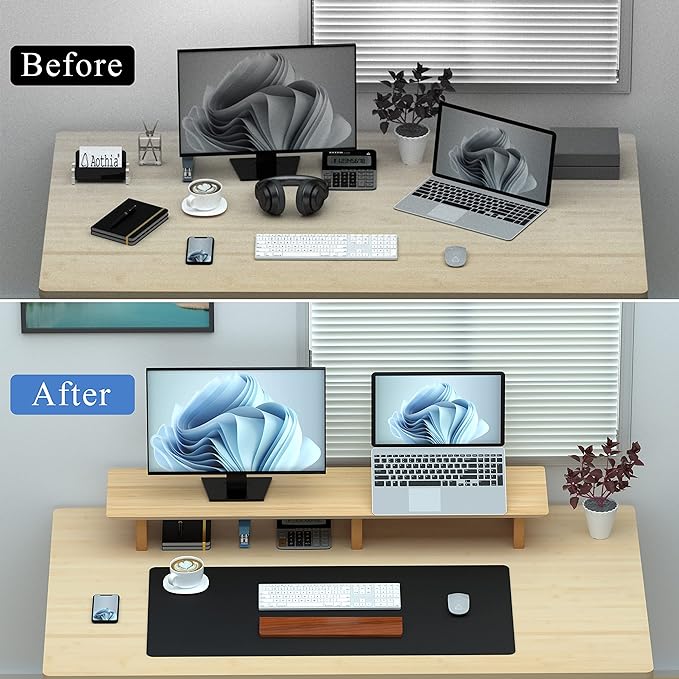 Aothia Large Dual Monitor Stand Riser, Solid Wood Desk Shelf with Eco Cork Legs for Laptop Computer/TV/PC/Printers, Perfect Desktop Stands Organizer with Underneath Storage for Office Accessories