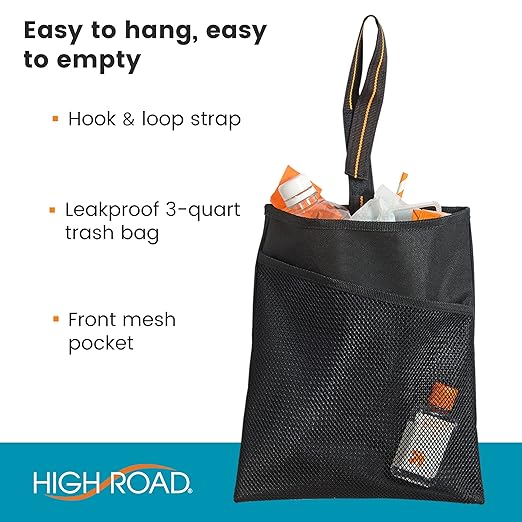 High Road Slim Hanging Car Trash Bag with Waterproof Liner, Storage Pocket and Adjustable Strap - Hangs from Handles or Headrest Posts Without Taking Up Legroom