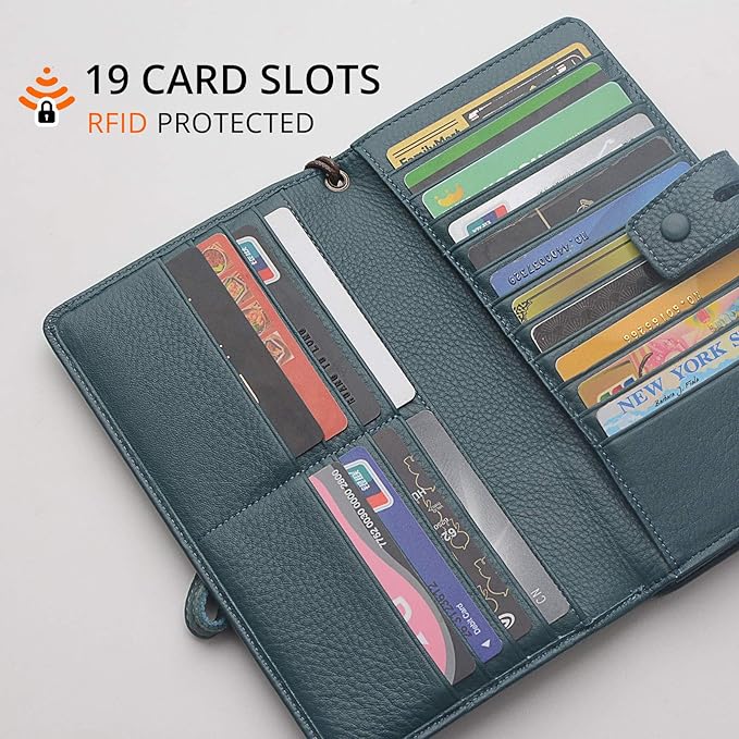 Women's Big Fat RFID Blocking Leather Wristlets Wallet Organizer Checkbook Holder (Blue)