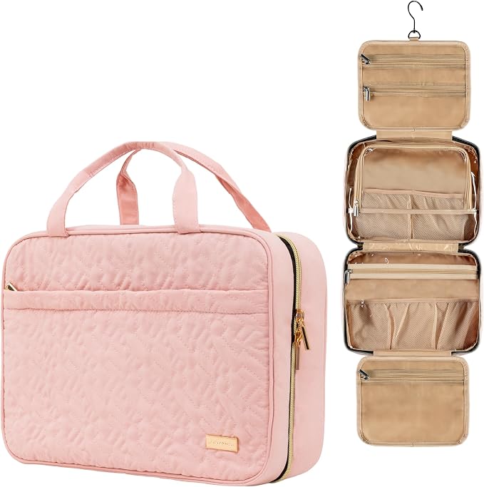 Carrywell Travel Toiletry Bag for Women with Hanging Hook, Makeup Organizer Case, Water-Resistant Cosmetic Bag For Full-size Containers, Toiletries, Pink Large, Not Made In China