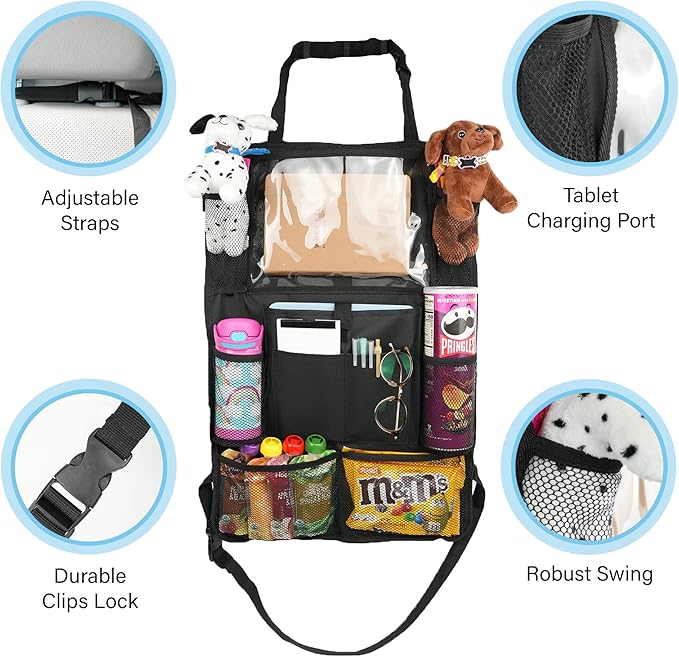 Car Seat Organizer With Touch Screen Tablet Holder And Multiple Pockets Waterproof Car Accessories Heavy Duty Oxford Fabric Backseat Car Organizer Protectors Kick Mats for Kids Toddlers - 2 Packs