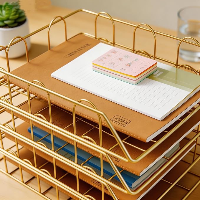 JIARI 4 Pack Desk Organizer Stackable Letter Tray Paper Organizer, Metal Desk Organizer Tray for Letter/A4 Paper Storage, for Office Supplies (Gold 4 Pack)