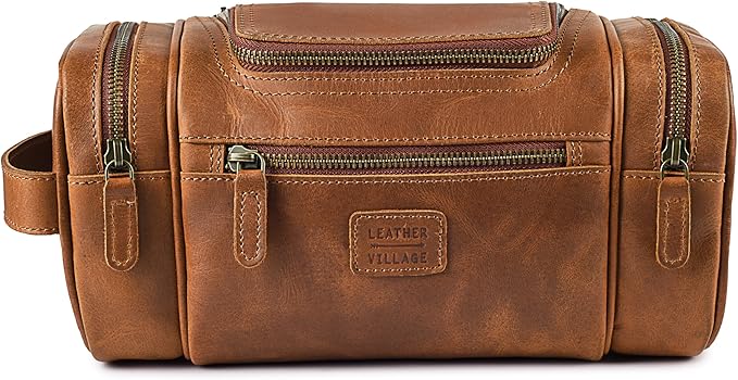 LEATHER VILLAGE Genuine Leather Travel Dopp Kit for Men & Women – Large Capacity Hanging Toiletry Bag with Water-Resistant Lining – Ideal for Travel, Grooming & Gym - Tan