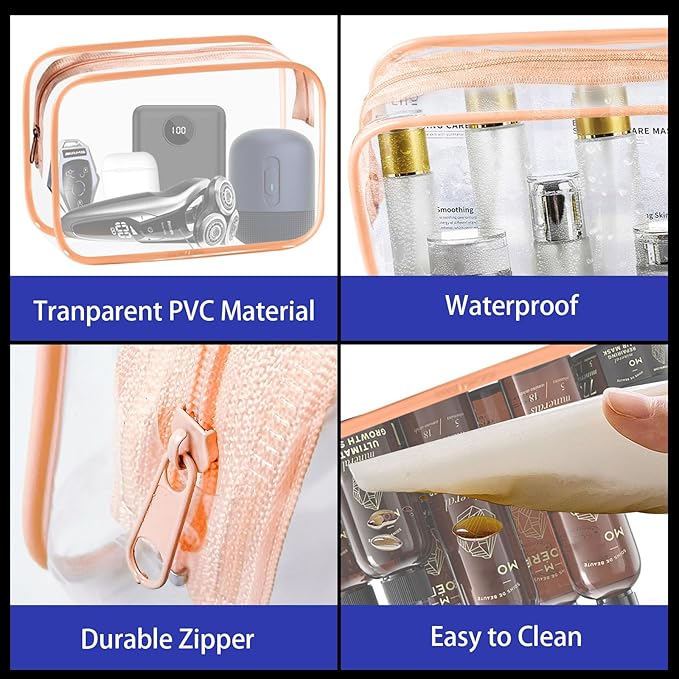 YedsIntu 16 Pieces Clear Cosmetic Bags, Large Transparent Makeup Bags, TSA Approved Toiletry Bag for Travel, PVC Waterproof Clear Pouch with Zipper Make Up Bag for Women and Men Traveling (Orange L)