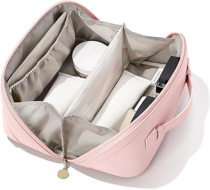 mibasies Flat Lay Open Travel Makeup Bag, Dual-Zipper Diagonal Cosmetic Bag, Large Capacity Waterproof Toiletry Bag for Women