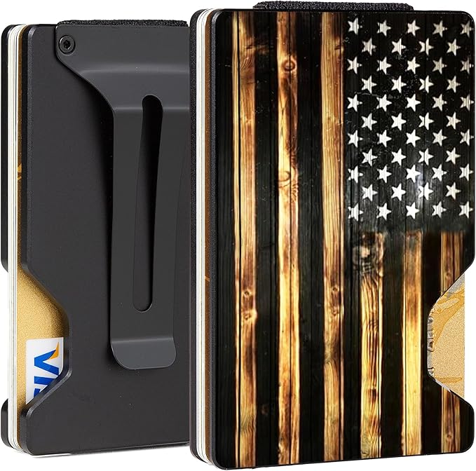 Slim Wallet for Men,RFID Blocking Minimalist Metal Wallet, Money Clip/Cash Holder, Front Pocket Aluminum Credit Card Holder, Ideal Gift for Men,Wood American USA Flag