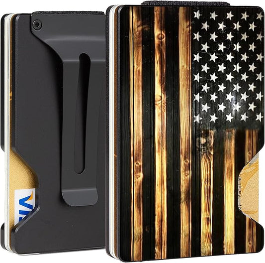 Slim Wallet for Men,RFID Blocking Minimalist Metal Wallet, Money Clip/Cash Holder, Front Pocket Aluminum Credit Card Holder, Ideal Gift for Men,Wood American USA Flag