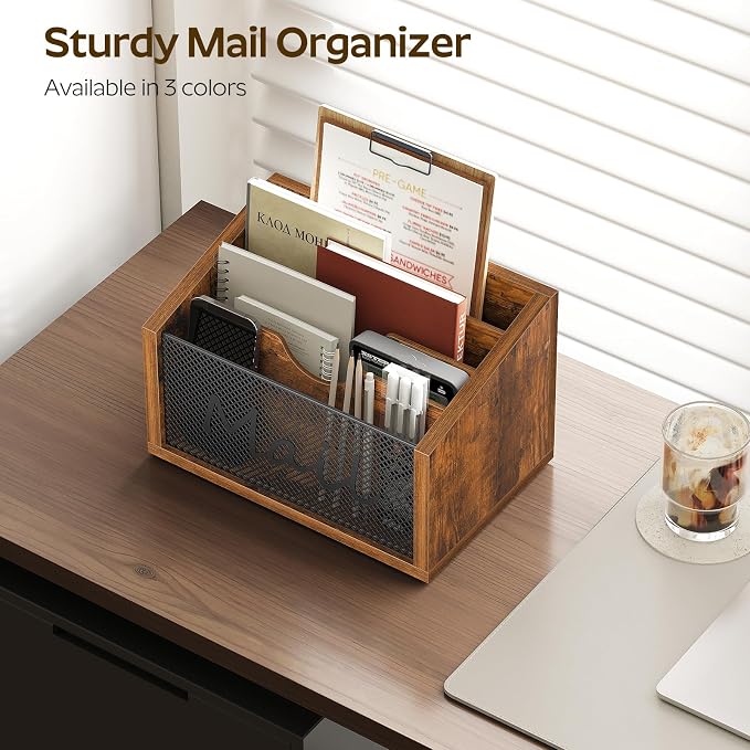 YATINEY Mail Organizer Countertop, Mail Holder with 4 Slots, Mail Sorter for Desk, Wooden Office Desk Organizer, Mail Organizer for Magazines, Files, Papers, Folders, Rustic Brown and Black MR04BR