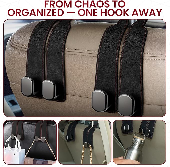 4 Pack Double Car Purse Hook Holds Up to 25 kg / 55 lbs XL Faux Leather with Durable Metal Hook (2.7x2cm) – Perfect Headrest Hooks for Car to Organize Bags and Essentials (Black)