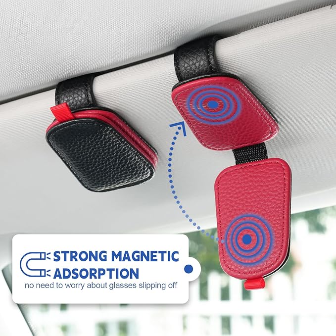 JUSTTOP 1Pack Sunglass Holder for Car, Magnetic Leather Buckle Sun Visor Sunglass Clip, Ticket Card Clip Sunglasses Mount, Car Interior Accessories for Men and Women (Black-Red)